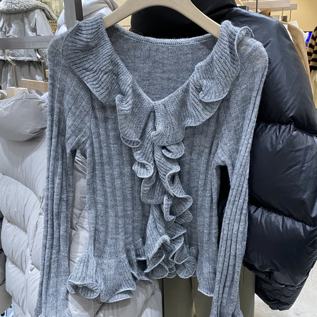 no退no换 东大门代购re style 50羊毛木耳边薄毛衣