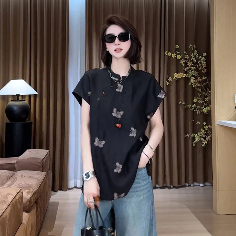 新中式短袖女士t恤夏季2025新款时尚洋气减龄设计感印花立领上衣