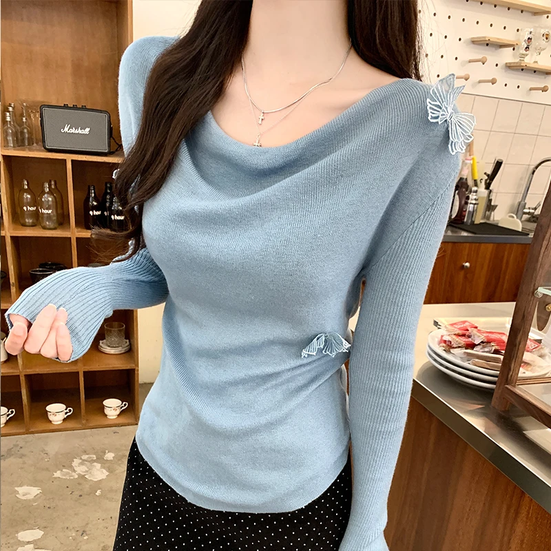 立体蝴蝶羊毛针织打底衫秋冬内搭独特设计感温柔风荡领洋气上毛衣