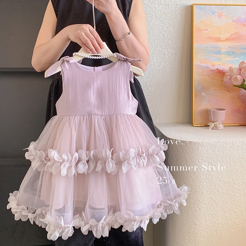 2025夏“花仙子”夏季无袖大蝴蝶结网纱公主连衣裙25X032