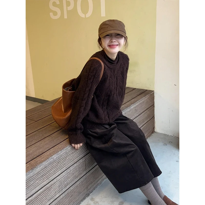 MARIE.COCO韩系复古秋冬新款咖色麻花宽松长袖针织毛衣七分裤套装