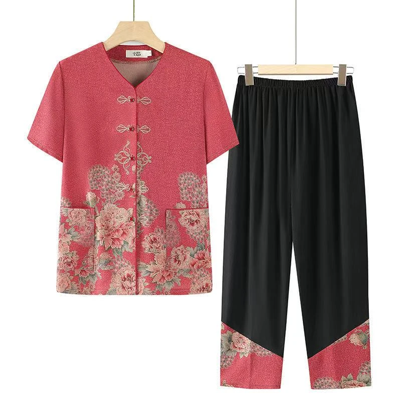 8790-中老年妈妈夏装两件套女短袖开衫上衣宽松套装九分裤【华桥】