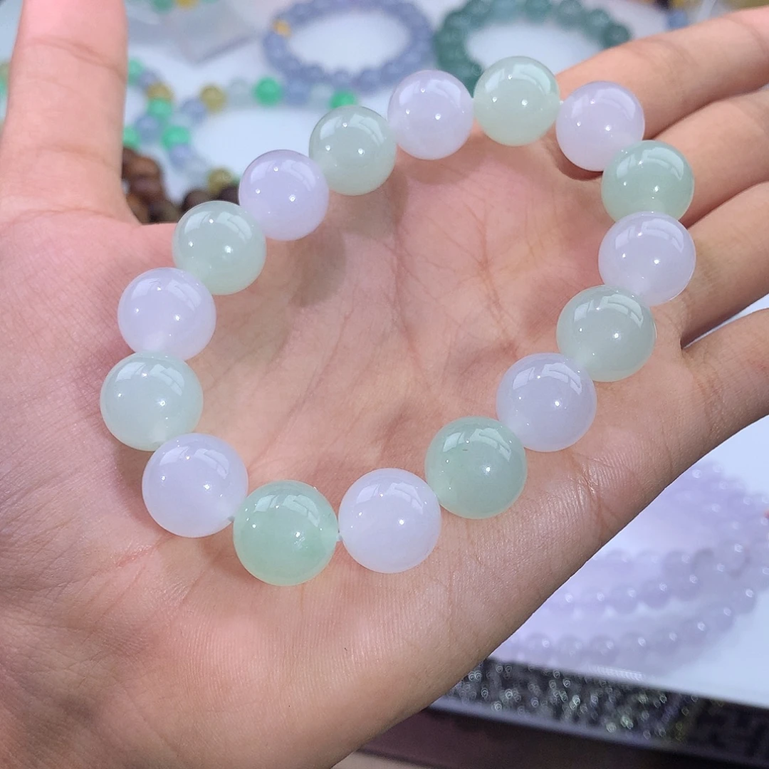 翡翠未镶嵌手链双彩马卡龙手串