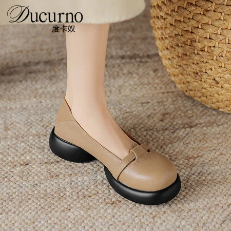 DUCURNO柔软舒适不累脚浅口单鞋女真皮厚底小皮鞋百搭通勤四季鞋