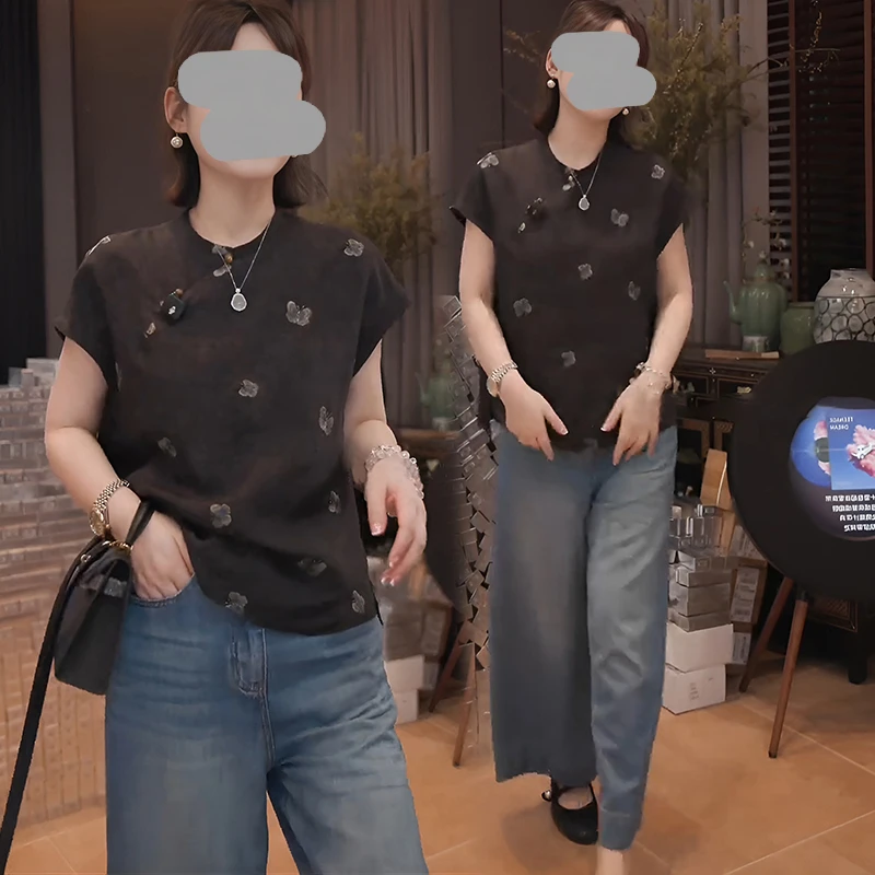 2025夏季新中式国风设计感蝴蝶刺绣短袖衬衫女洋气唐装老钱风上衣
