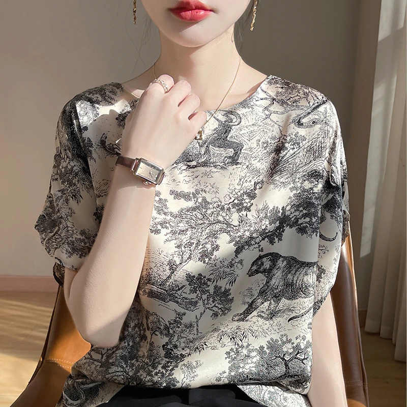 【现货宠粉】新款圆领短袖女显瘦套头印花落肩袖法式夏季打底衫上衣