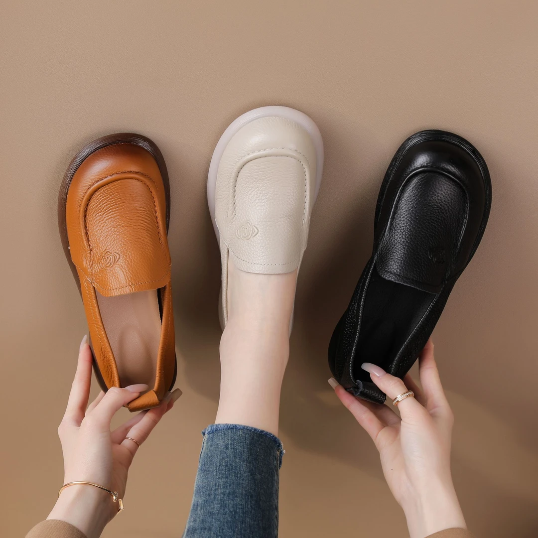 新款牛皮防滑春季一脚蹬单鞋一脚蹬通勤鞋百搭黑色豆豆鞋舒适软底