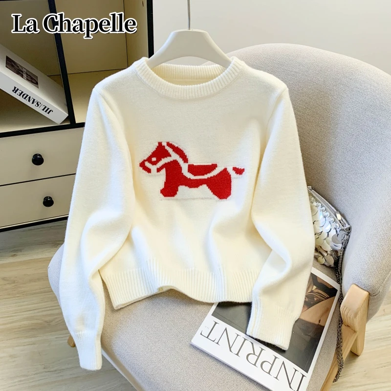 拉夏贝尔马年小马图案洋气加厚毛衣女时尚温柔显瘦针织衫打底上衣