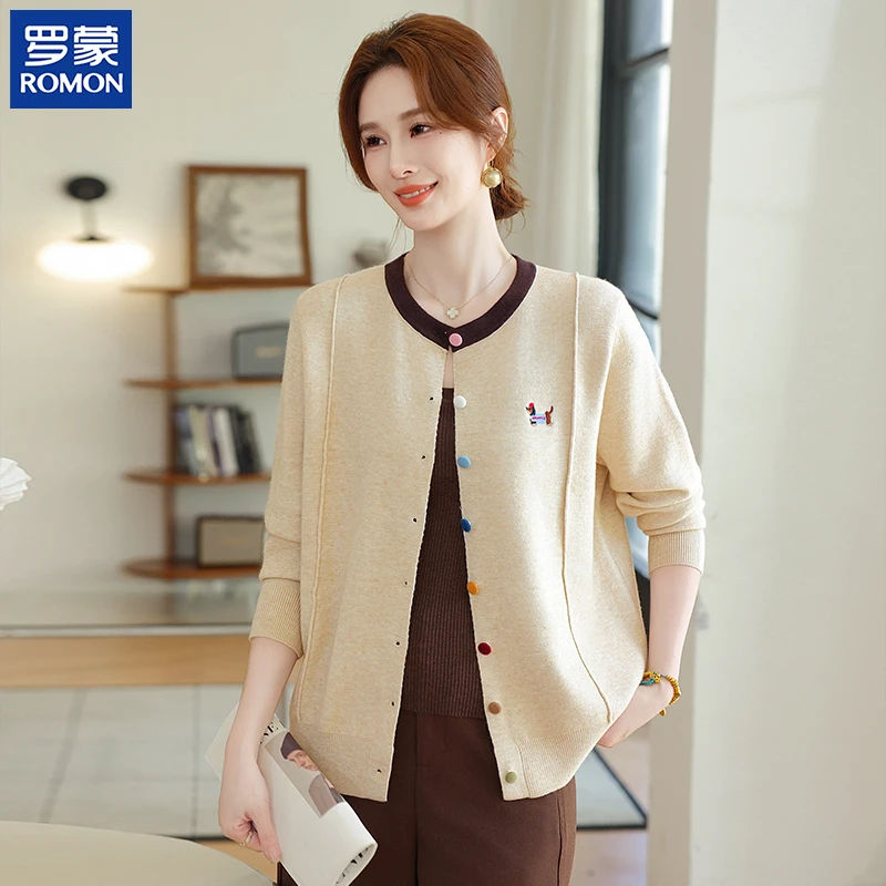 罗蒙时尚秋季年轻妈妈装中年彩色单排扣开衫中老年女圆领宽松上衣
