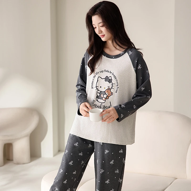 家居服套装秋季灰色长袖女生睡衣家居服套装