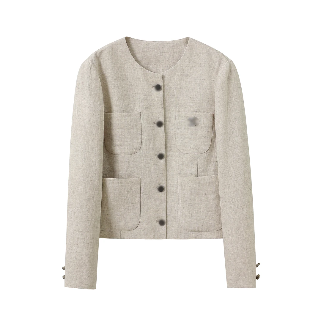 【100砂洗亚麻】时尚气质小香风短款轻奢百搭女士亚麻短外套