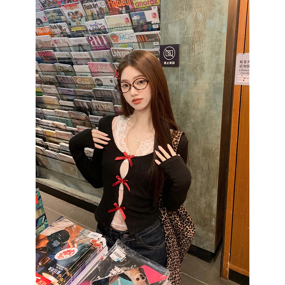 性感修身黑色蝴蝶结u领长袖针织衫女春秋季修身短款打底上衣套装