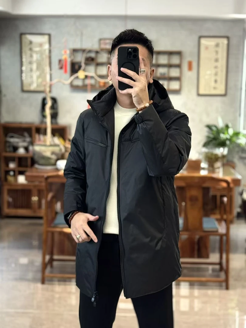 7873欧货冬季时尚简约连帽中长款拼胎牛皮鹅绒男士羽绒服偏大一码