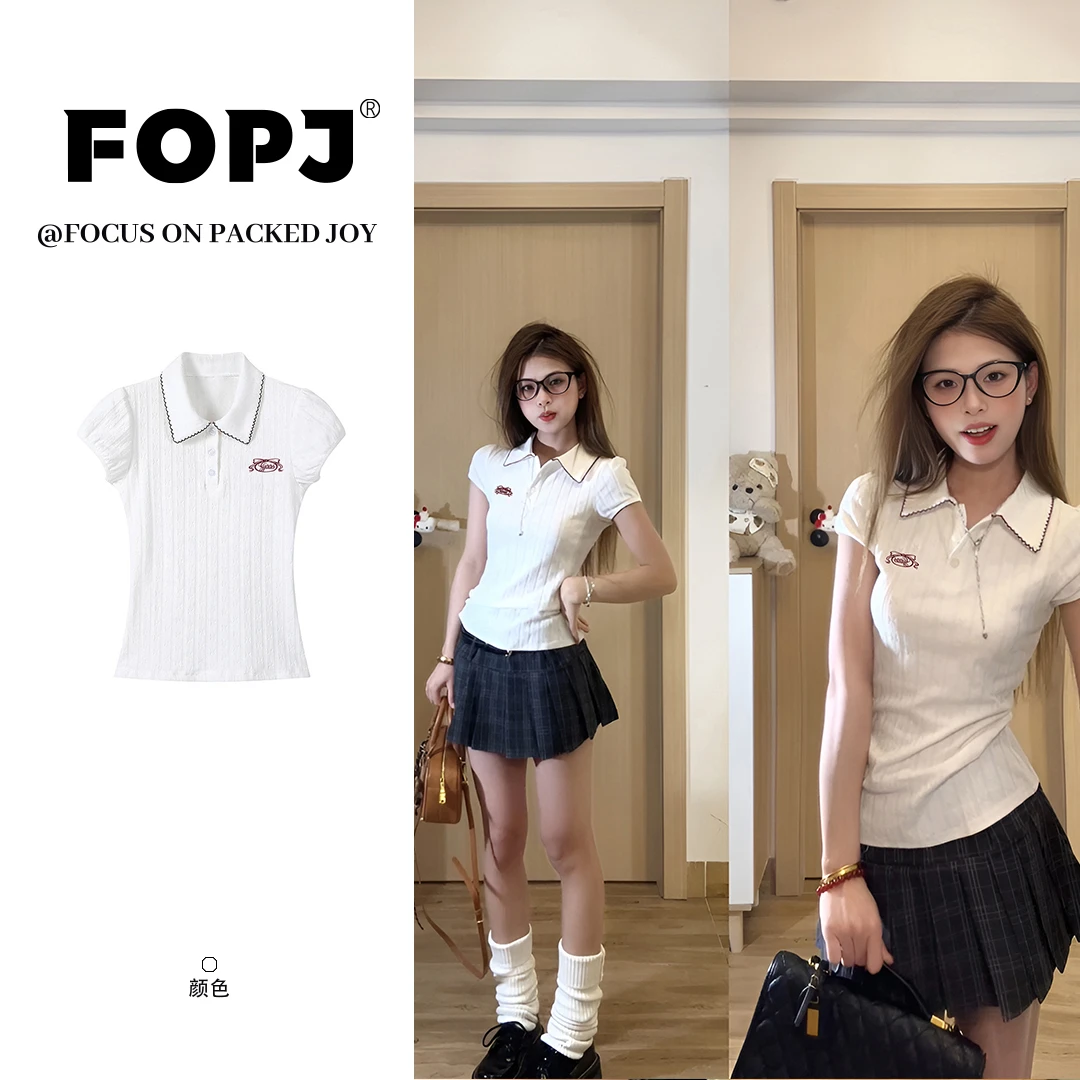 FOPJ刺绣款韩系学院风百搭POLO领短袖t恤夏季设计感甜辣妹上衣女