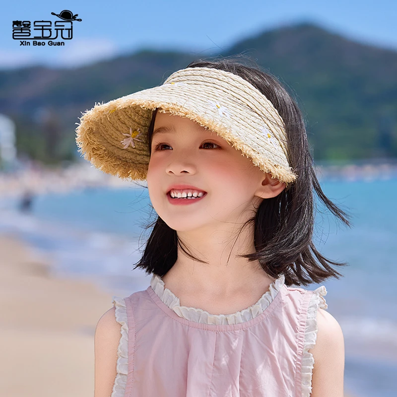 女童发箍草帽子夏季小雏菊大帽檐草编帽女宝宝户外防晒遮阳空顶帽