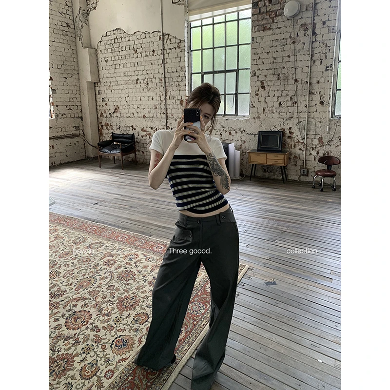 THREE GOOOD/三吉休闲直筒西装裤设计感宽松腰带长裤Y725K05961