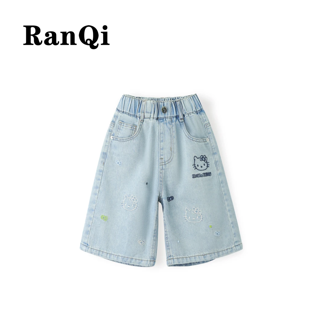 女童夏季牛仔裤2025夏季新款Kitty刺绣中大童百搭牛仔五分裤A062