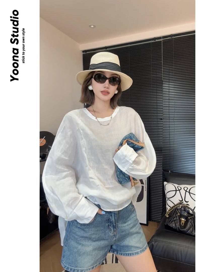 【U娜】夏季简约立体剪裁麻料宽松长袖衬衫背后开叉
