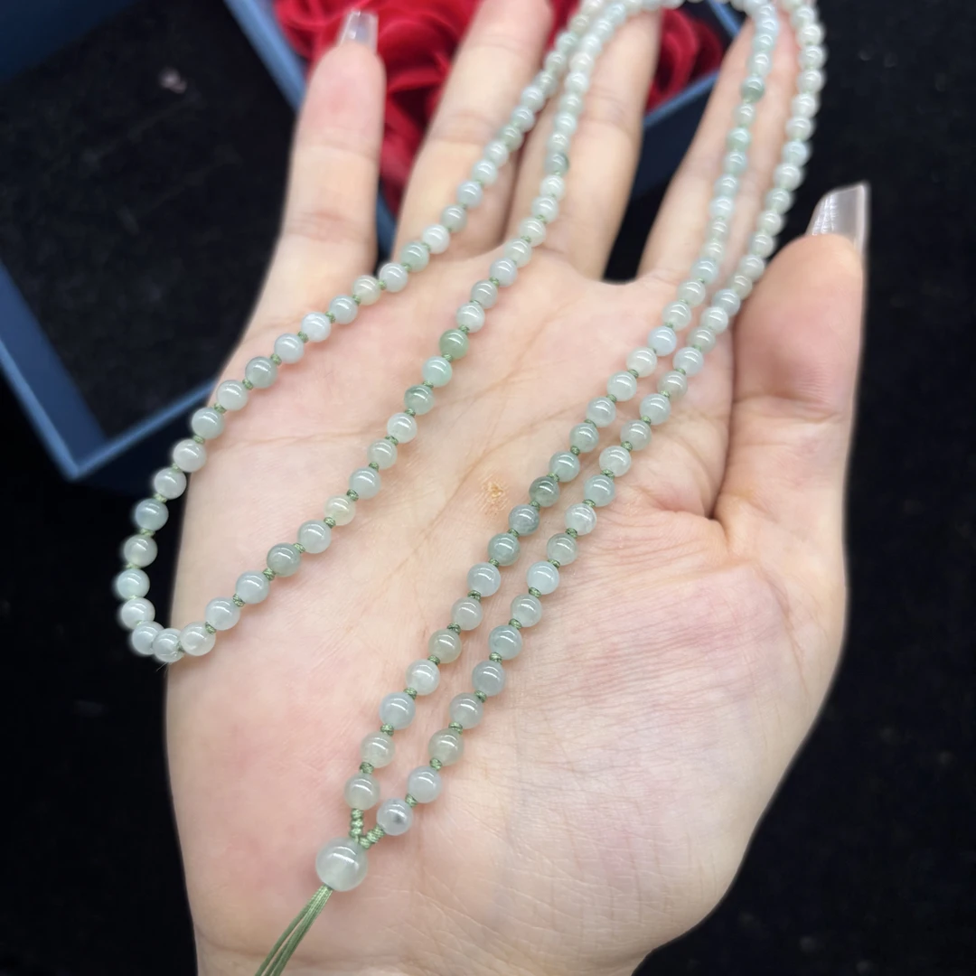 福利天然缅甸A货翡翠晴水圆珠4mm玉石挂件绳毛衣链项链长链百搭款