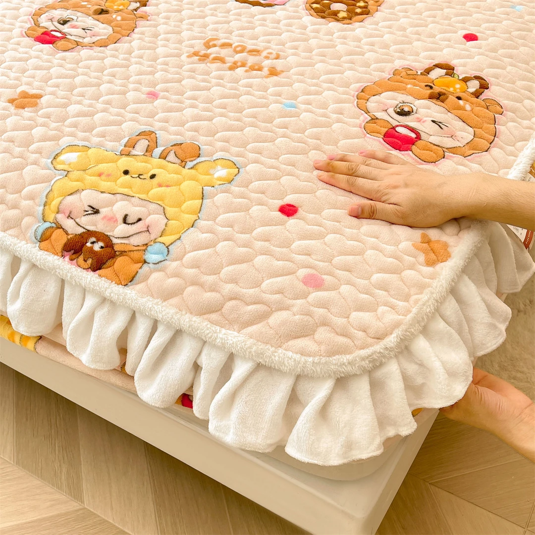 亲肤牛奶绒冬季ins碎花珊瑚绒韩式花边床笠床罩加厚加绒床垫套