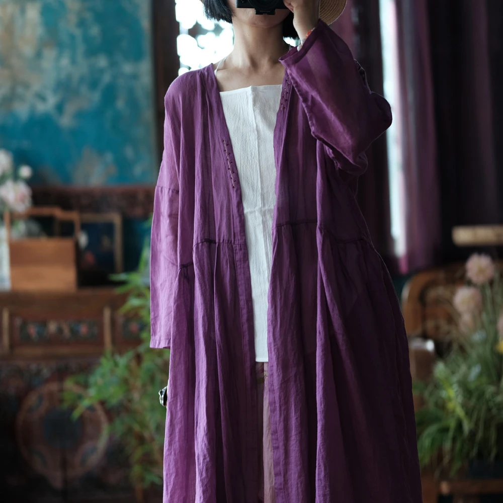 小泥姑娘高端麻料大开衫宽松百搭手工绣花长外披玫紫新中式复古
