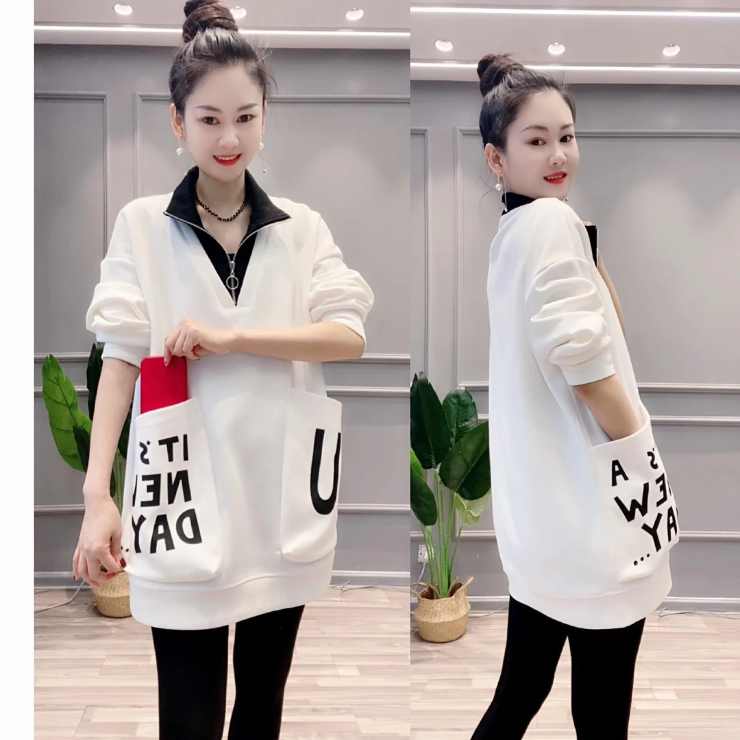 休闲卫衣女2025秋季新款时髦洋气宽松显瘦假两件中长款大口袋上衣
