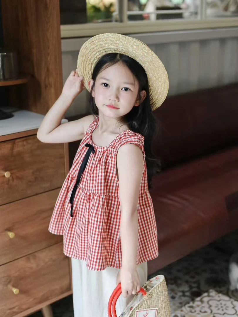 「南法假日」女童夏套装格子红色背心上衣儿童夏装花边阔腿裤套装