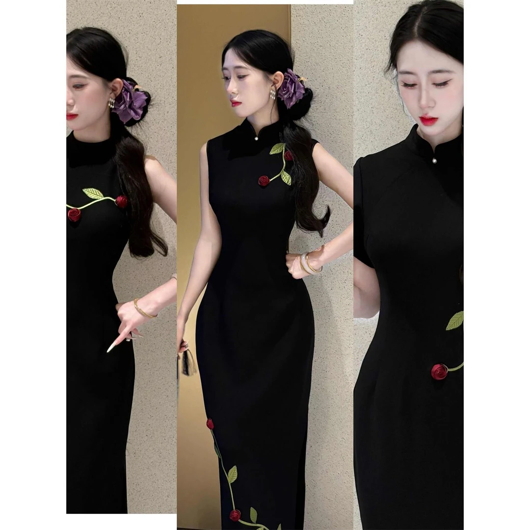 新中式改良手工立体玫瑰花黑色旗袍2025夏季新款超好看显瘦连衣裙
