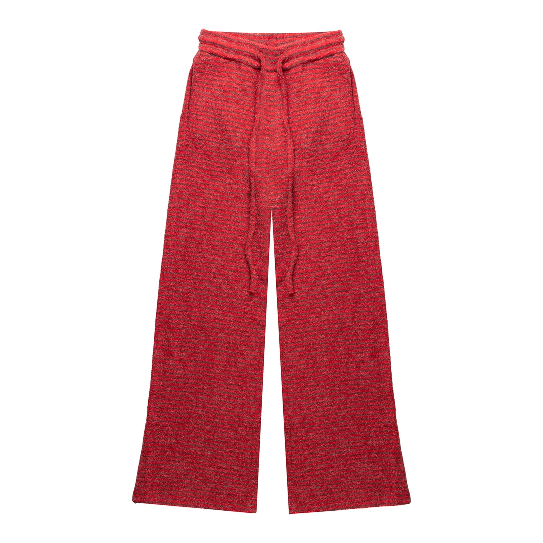 NECY 圣诞节红色条纹休闲裤女秋冬慵懒风垂感直筒抽绳松