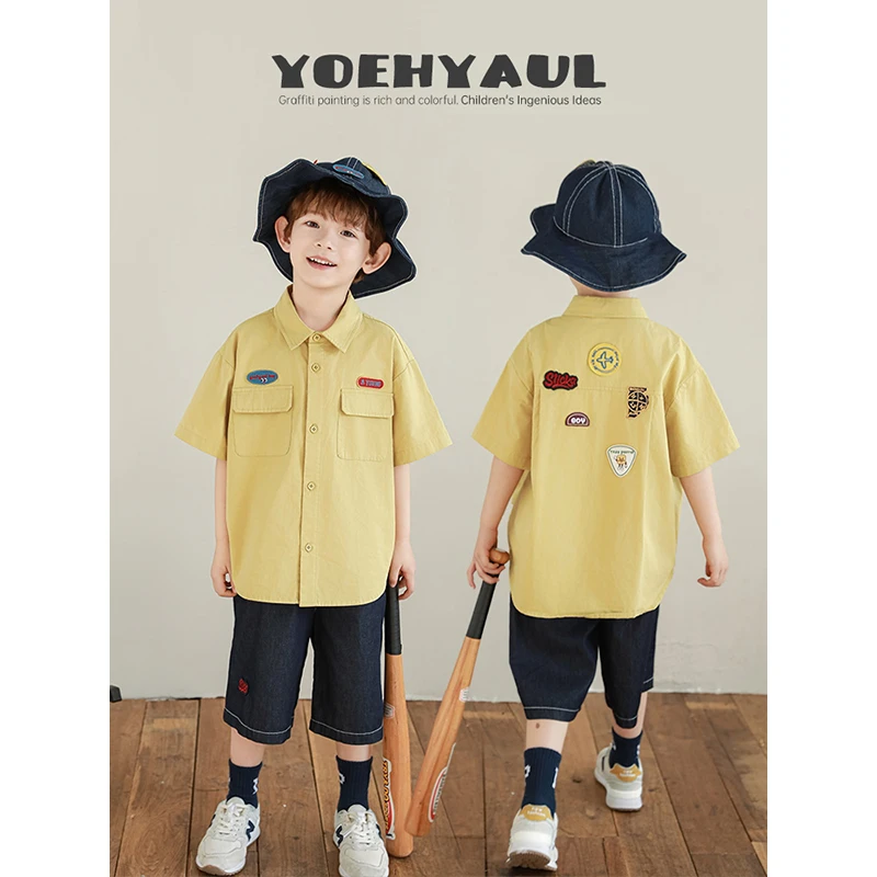 YOEHYAUL/幼悠春叁波【美式绣标】潮流范时尚水洗全棉省心衬衫N5826