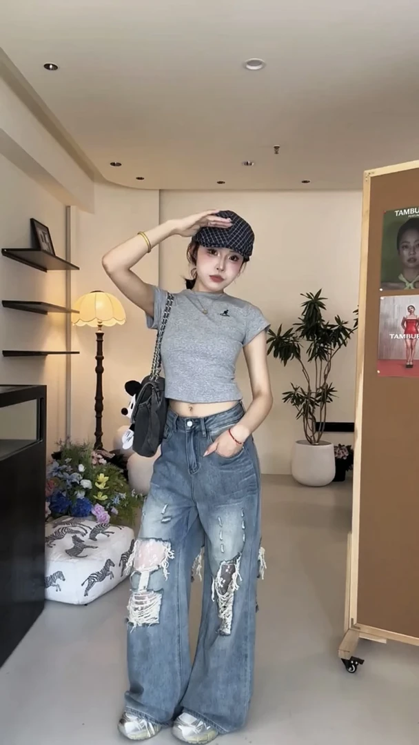 美式复古破洞牛仔裤女夏季设计感高街宽松水洗直筒阔腿裤拖地长裤