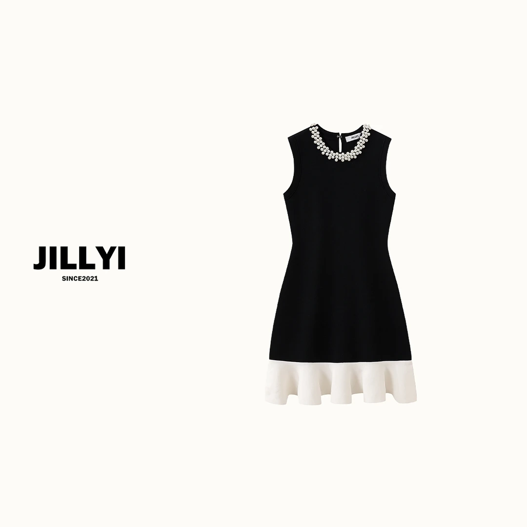JILLYI【人鱼珍珠】手工珍珠领小香风针织连衣裙气质时尚黑色无袖