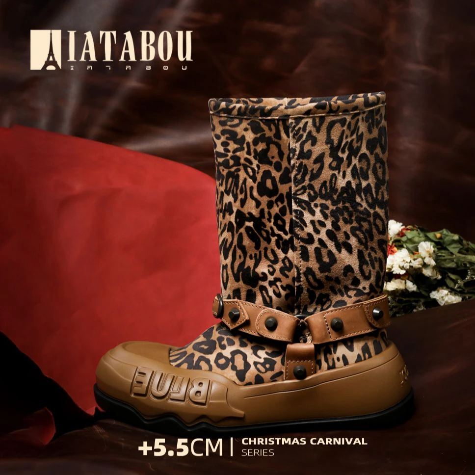 IATABOU【圣诞特别款】圆头厚底加毛豹纹潮酷中筒雪地靴TA356121