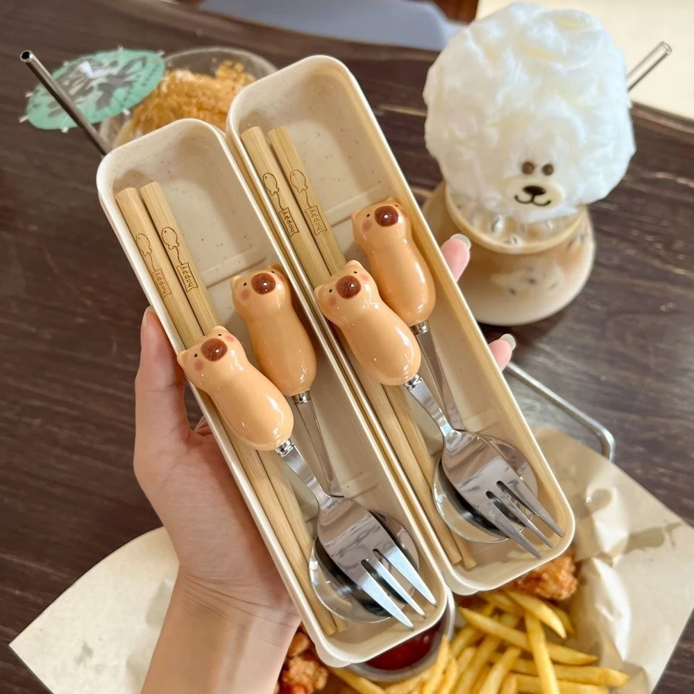 卡皮巴拉筷子勺子套装学生外出一人用儿童叉子餐具便携收纳盒TJ