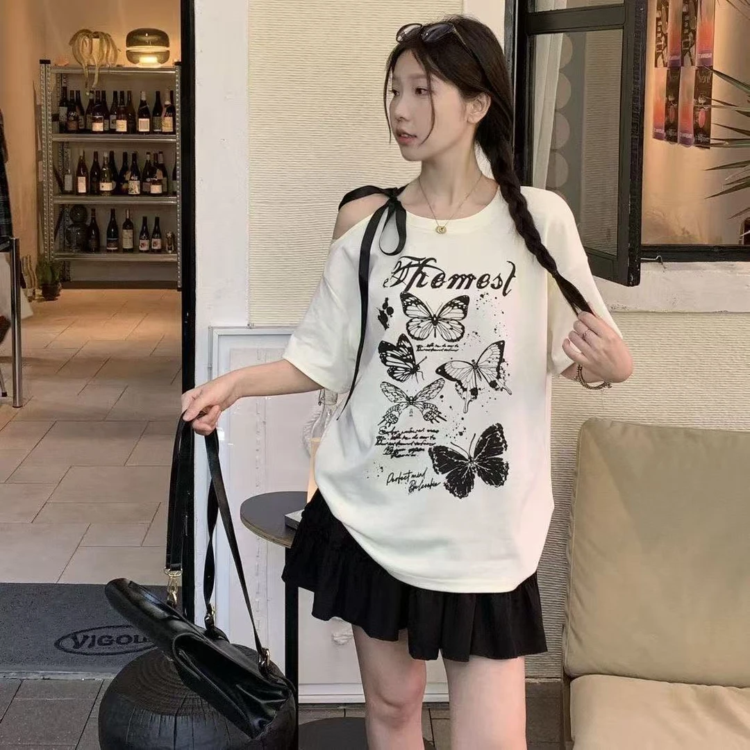 夏季百搭套装显瘦小众拼接短袖绑带韩版蝴蝶T恤搭配短裙兩件套