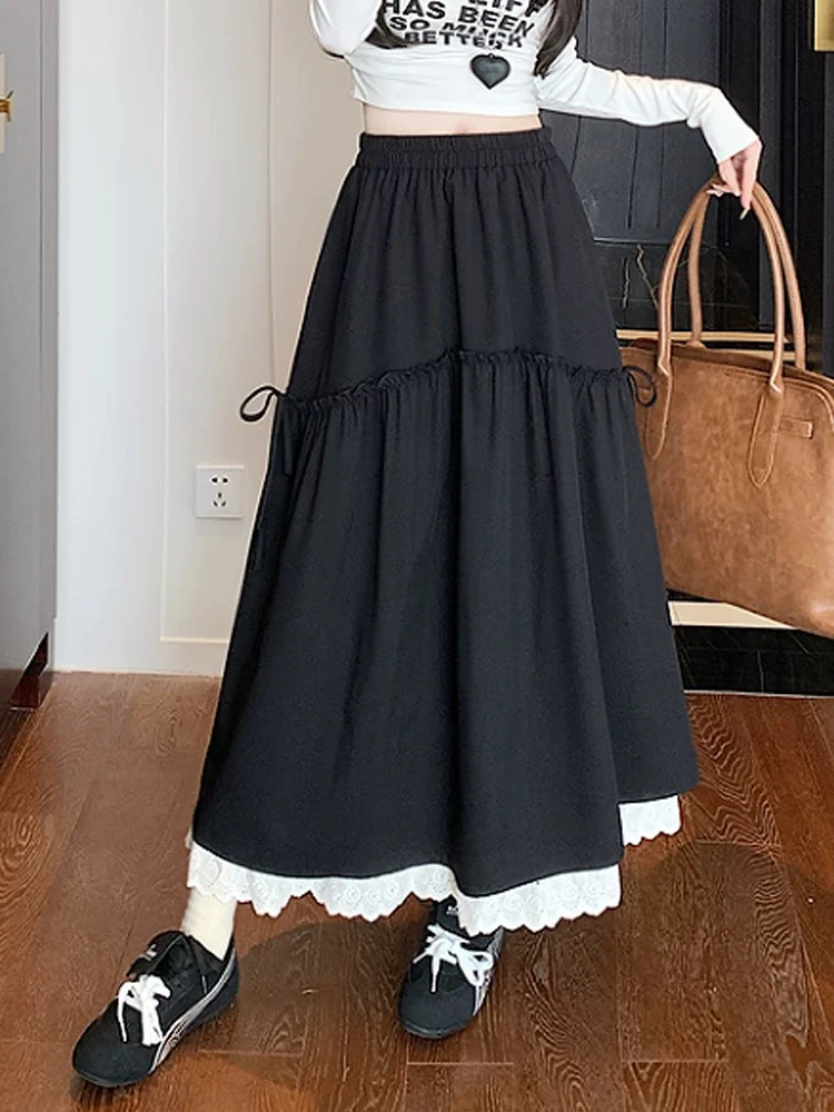 〔蝴蝶结蕾丝下摆边～裙〕欧洲站松紧腰蕾丝花边拼接半身裙