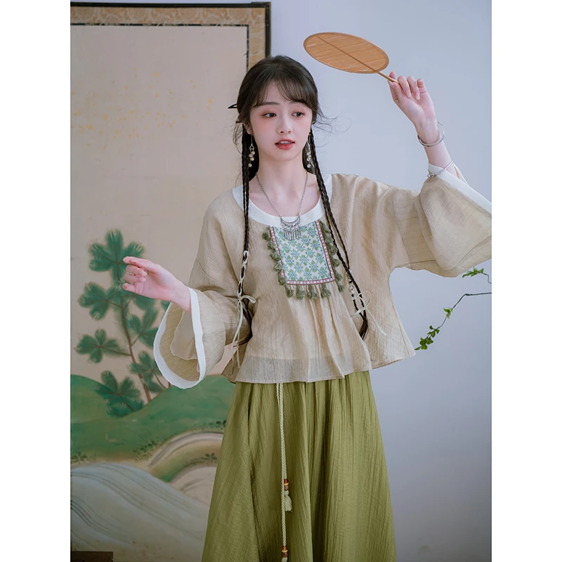 南风谷【扶桑吉】天丝混纺民族风上衣青苔绿设计感半身裙国风套装