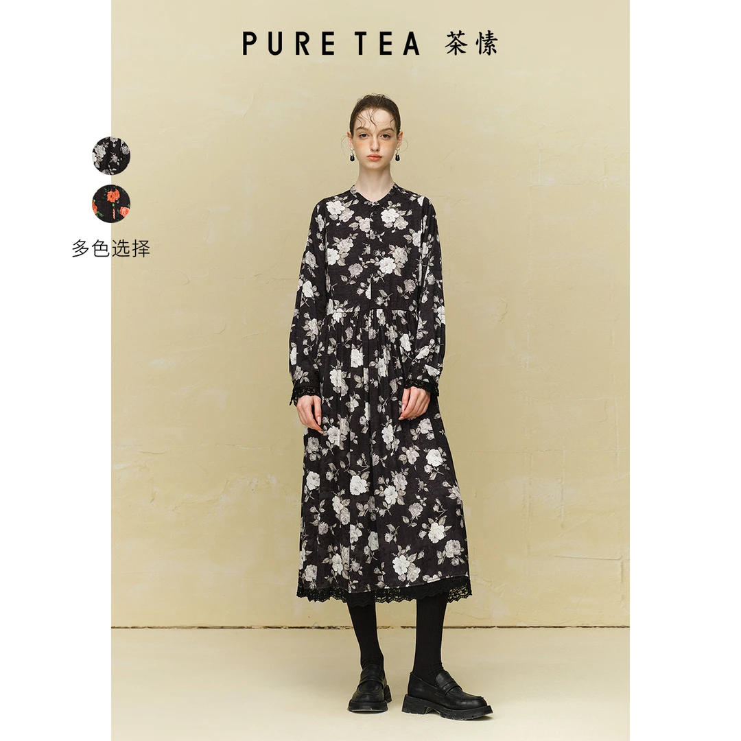 【黯夜玫瑰】茶愫复古浪漫蕾丝绣花织带连衣裙a字裙秋新TD0903C31