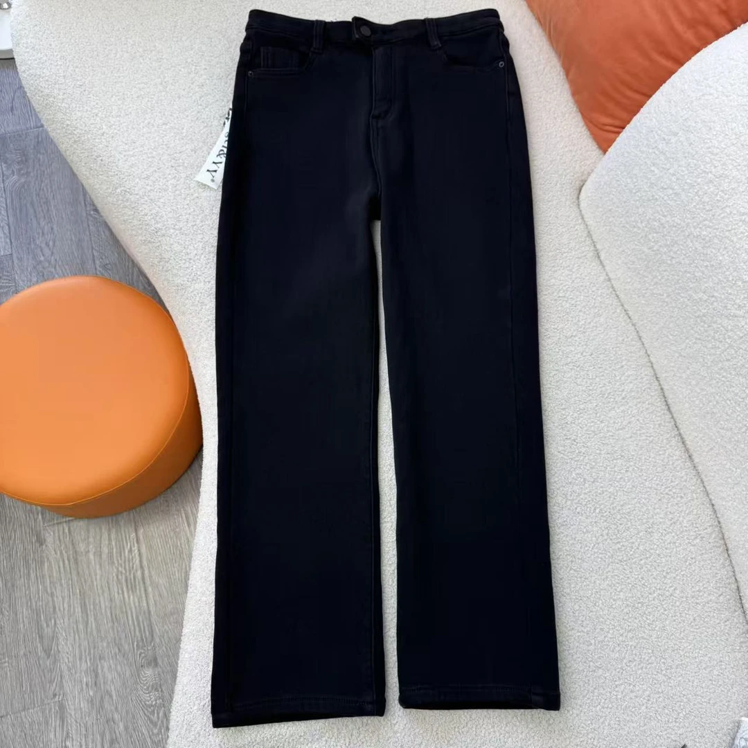 秋冬女高腰加绒牛仔裤搭长外套的裤子加绒直筒裤