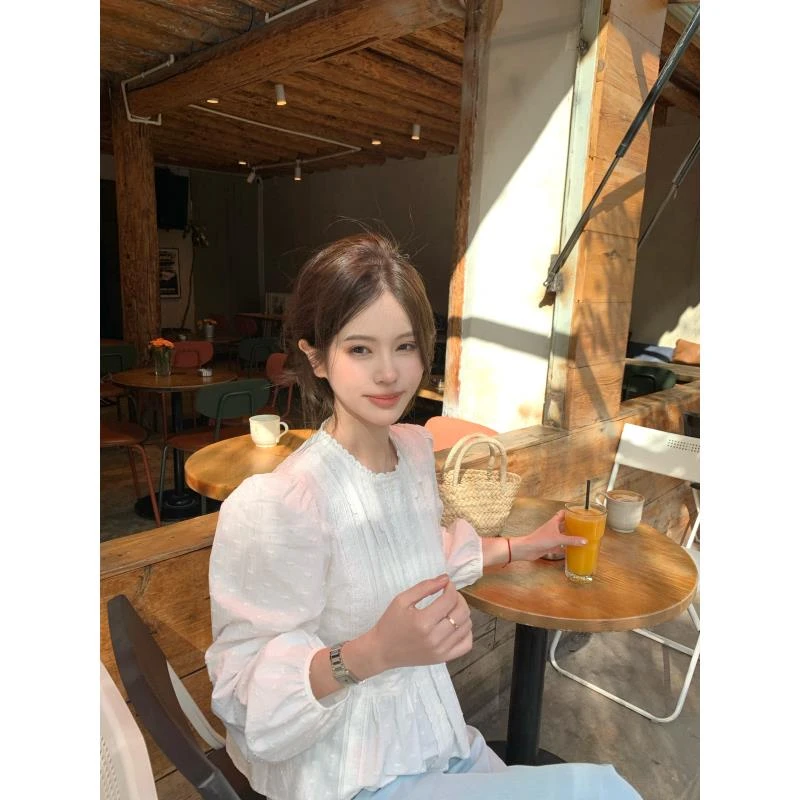 【花花】庄园少女~100%棉早春设计肌理感花边拼接灯笼袖抽皱衬衫