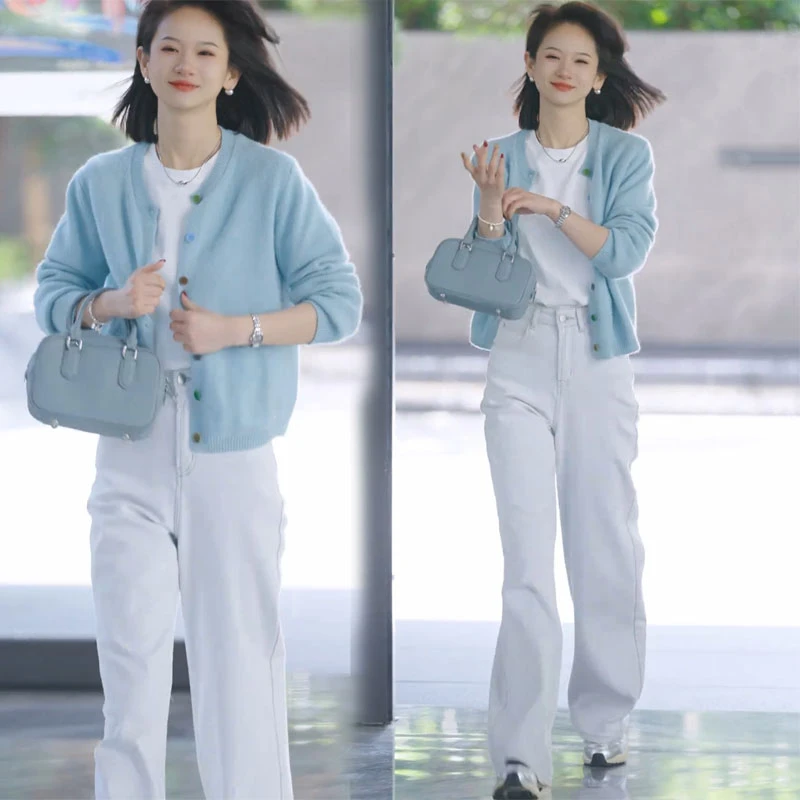 2025早秋时尚圆领长袖针织开衫外搭高腰直筒休闲裤减龄两件套装女