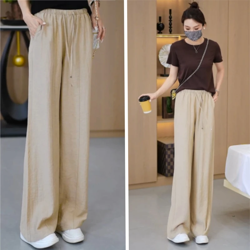 冰丝人字纹亚麻阔腿裤女夏季薄款直筒面料柔软舒适宽松显瘦长裤