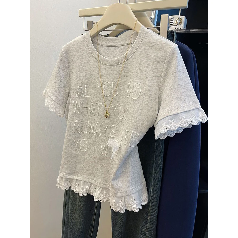 灰色蕾丝拼接t恤女2025春季短款修身显瘦小个子ins洋气