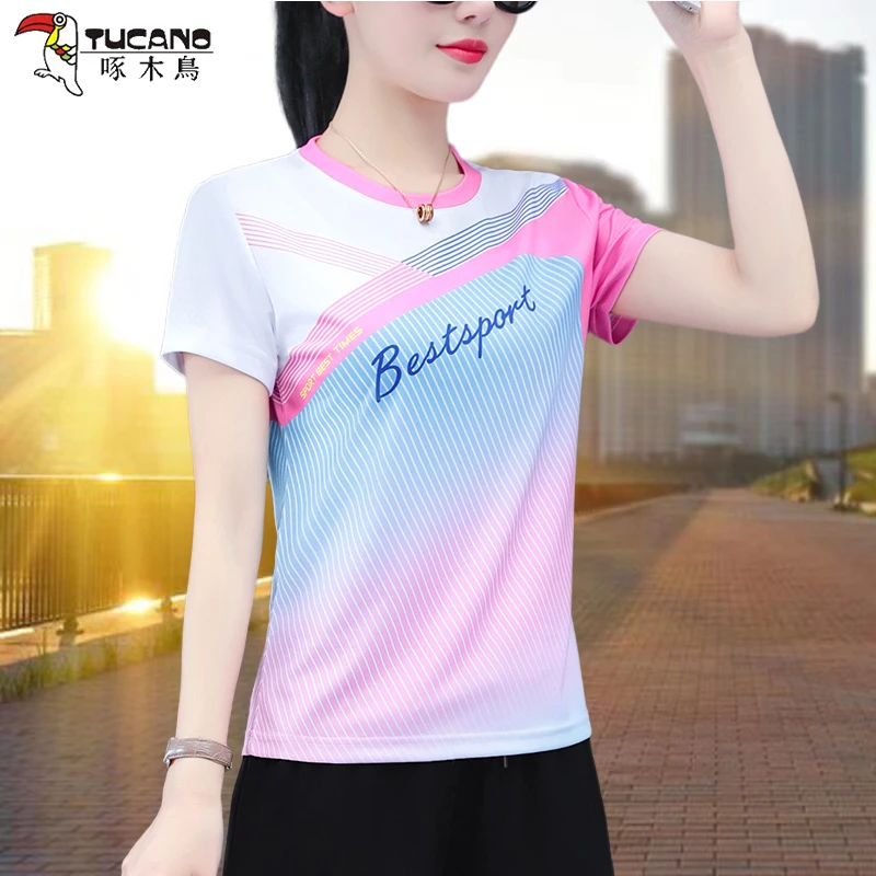 啄木鸟冰丝短袖T恤女夏季2025新款宽松薄款半袖速干运动体恤上衣