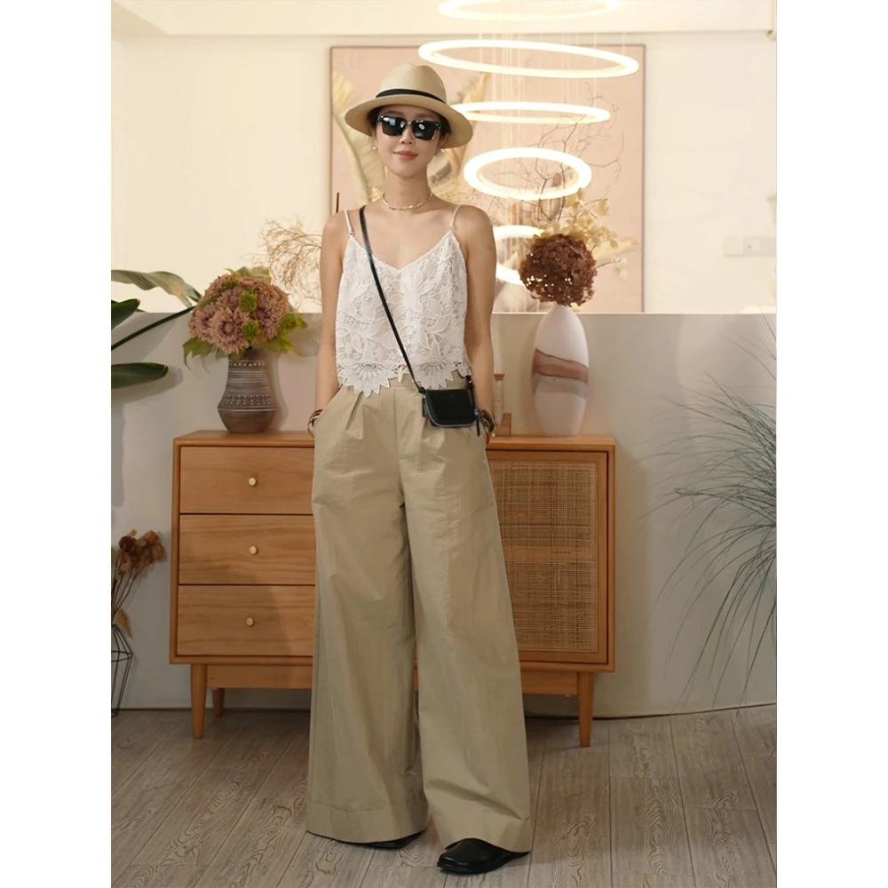 【叭哒不惑】纸袋裤 百搭显瘦卡其色高腰宽松休闲裤侧拉链阔腿裤