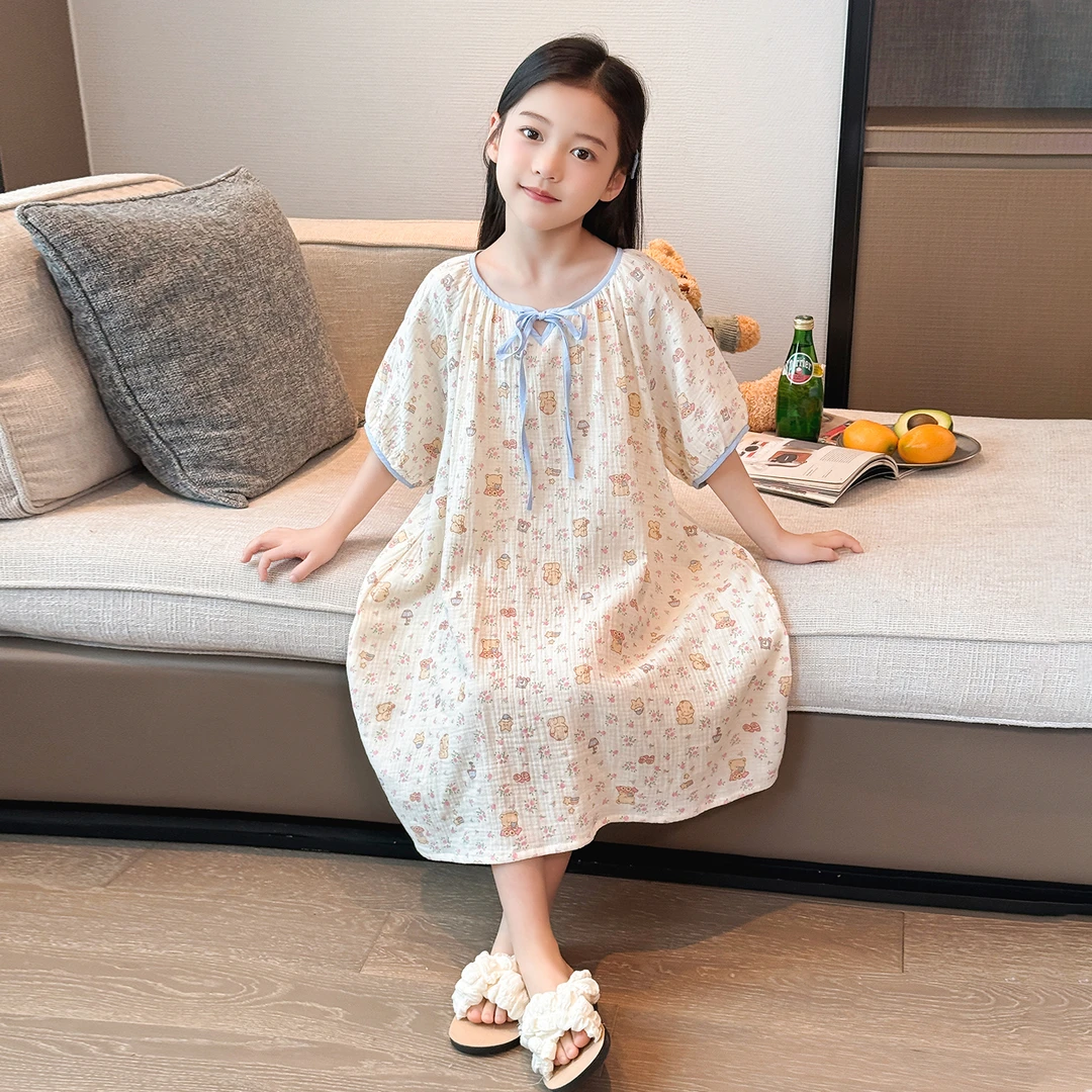 纯棉女童夏季睡裙薄款中大童家居服公主睡衣2314