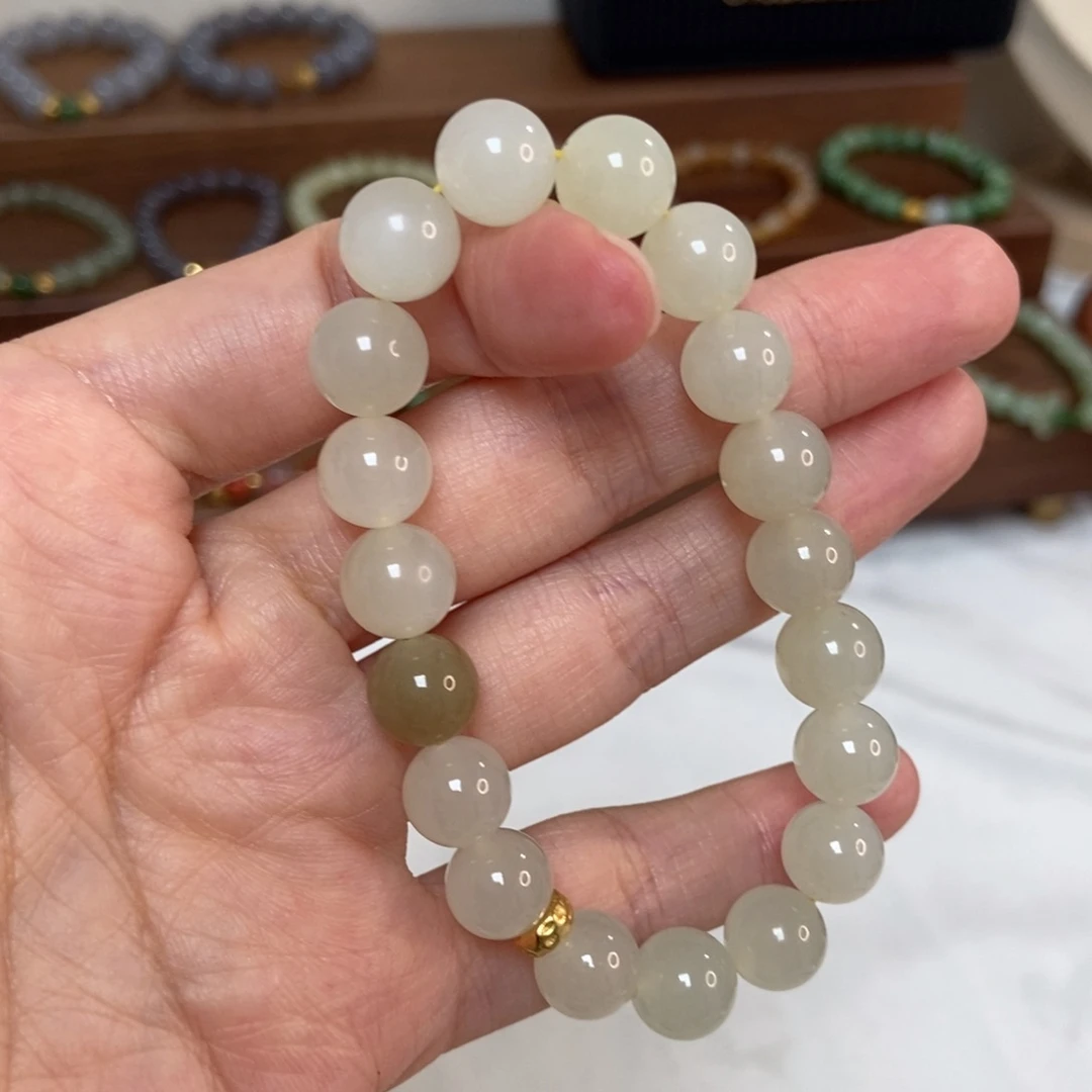 和田玉银S925镶嵌手链福利10mm蜂蜜水
