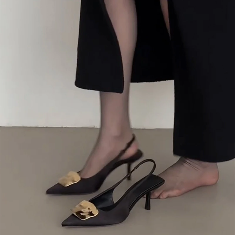 羊皮版！法式包头细跟凉鞋女夏季新款一字带配裙子性感尖头高跟鞋