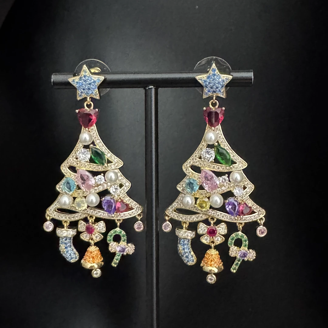 铜合金锆石耳饰 B0823锆石耳饰 圣诞树造型轻奢高级感耳环
