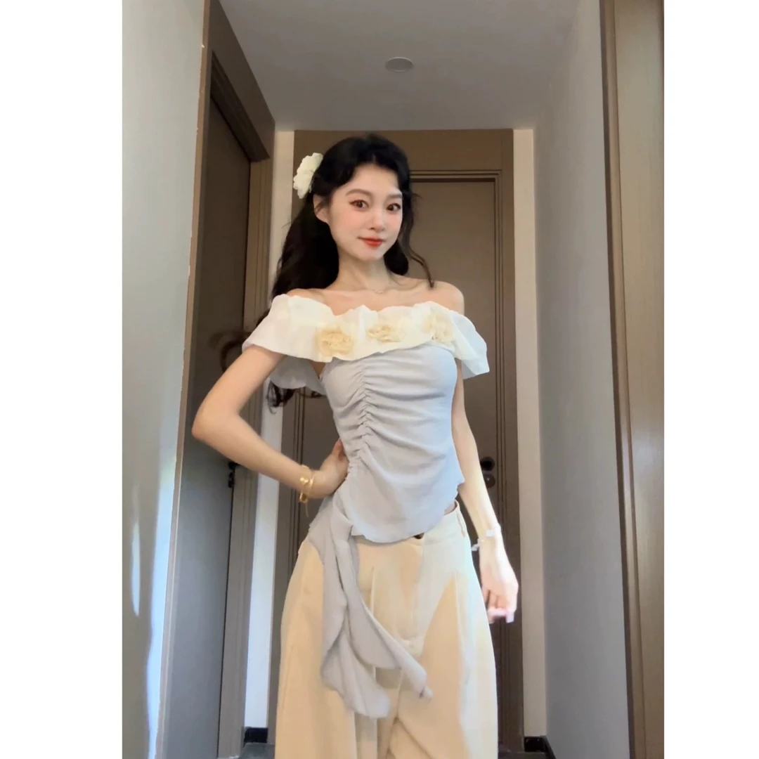 纯欲风氛围感套装一字肩花朵飘带上衣高腰阔腿长裤